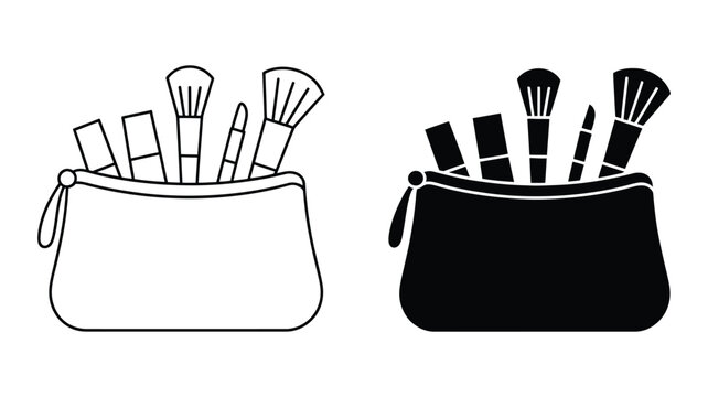 cosmetic makeup bag and beauty brushes icon set, makeup accessories and styling tools for fashion cosmetics packaging and vector artwork