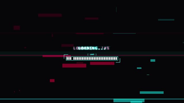 Digital Loading Bar Animation Featuring an 8 Bit Retro Glitch Effect with Percentage Progress on a Dark Background for Futuristic Ui