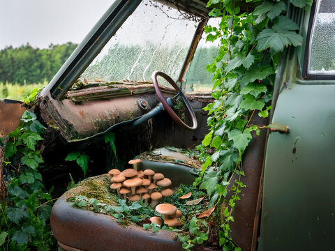 Nature taking over an old abandoned vehicle with fungi growing on the damp seat material