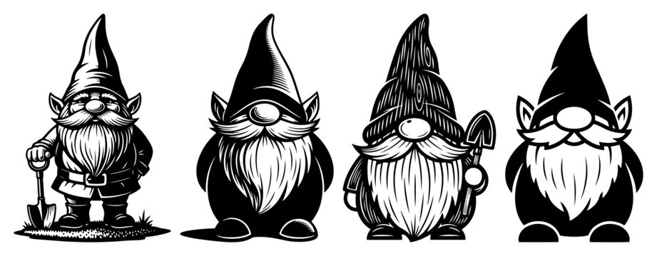 Garden gnome silhouette set vector illustration, cute bearded dwarf gonk characters isolated on white