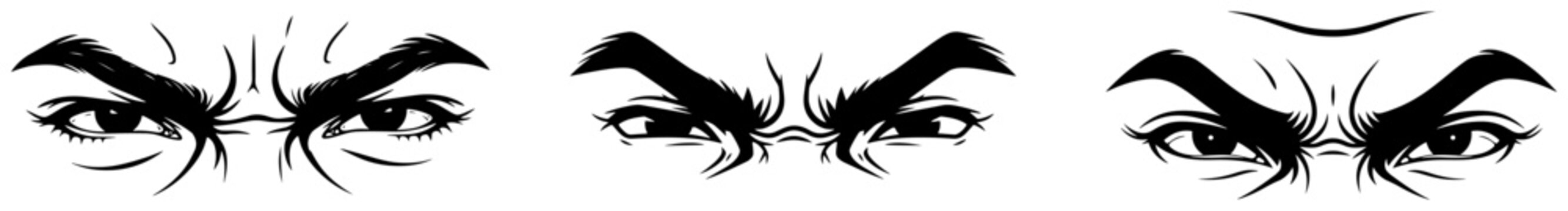 Angry eyes and furrowed brow silhouette set vector illustration, intense furious glare expression isolated on white