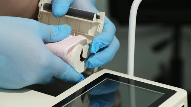 Medical worker loads paper roll into diagnostic machine before printing result. Specialist places roll inside slot preparing device for recording