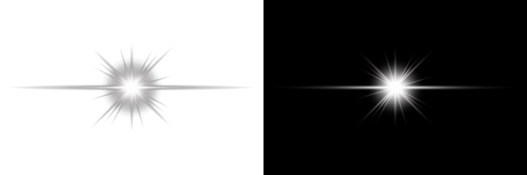 Bright White Lens Flare Light Effect Isolated on Transparent and Black Background