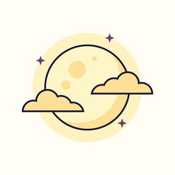 Flat vector illustration of a full moon with clouds and stars