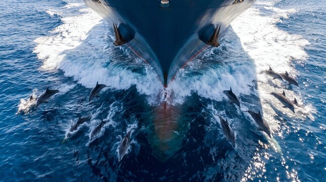 A high-angle view looking down at a pod of playful dolphins surfing and riding the white bow wave created by a moving ship in the open ocean.