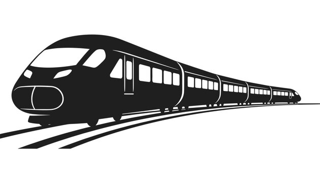 High-speed passenger train silhouette traveling fast on tracks, depicted from a low-angle perspective.