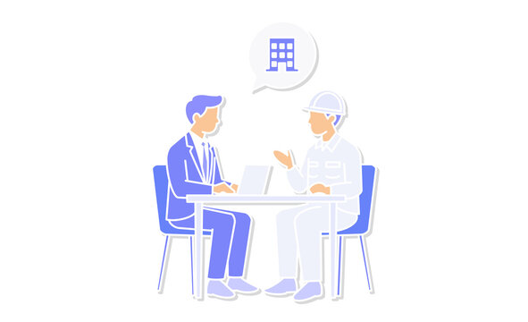 ビジネスマンと建設作業員が机を囲んで打ち合わせする異業種間のビジネスミーティング線画イラストアイコン
