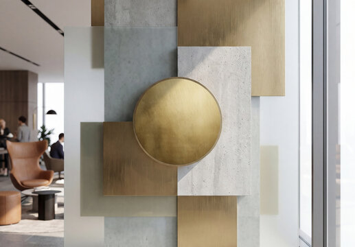 Gold and concrete frame on modern office wall for a logo Mockup. Generative ai