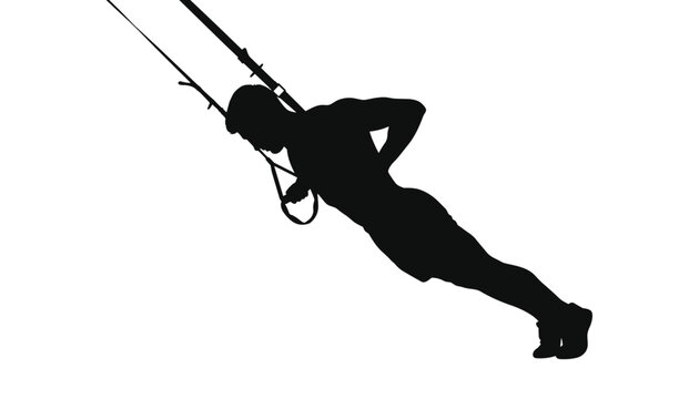 Fitness suspension strap workout silhouette of a athletic man doing chest press exercise on white background.