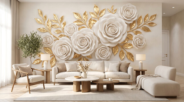 Contemporary living room with large 3D white rose and gold leaf wall mural
