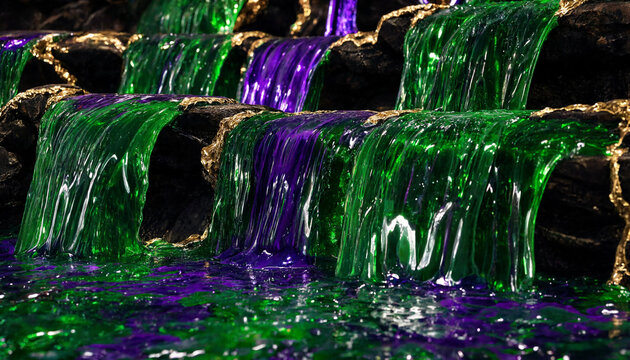 Vibrant green and purple liquid cascading over rocky tiers in fantasy waterfall scene with glowing effect