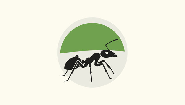 Graphic black ant silhouette on a green and cream circular background representing industry and nature.