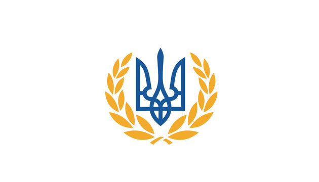 Coat of arms of Ukraine depicting the blue trident symbol surrounded by a gold wreath on a pure white background.