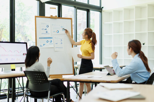 Businesswoman presenting financial data and analytics during a corporate meeting, explaining marketing strategy and project development to female colleagues in a modern office