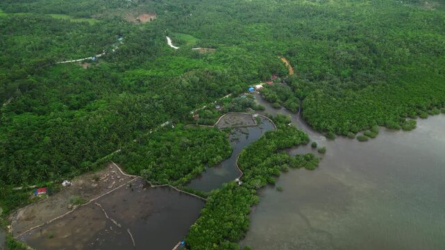 Aerial footage showcasing the agricultural countryside of Lagay, Calauag, Camarines Sur, where cultivated farmland and tropical greenery meet waterways and the surrounding water landscape.