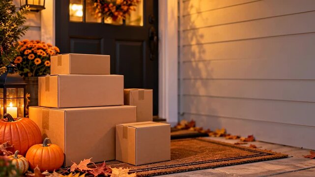 Stacked parcels delivered to home doorstep in autumn, e-commerce logistics concept