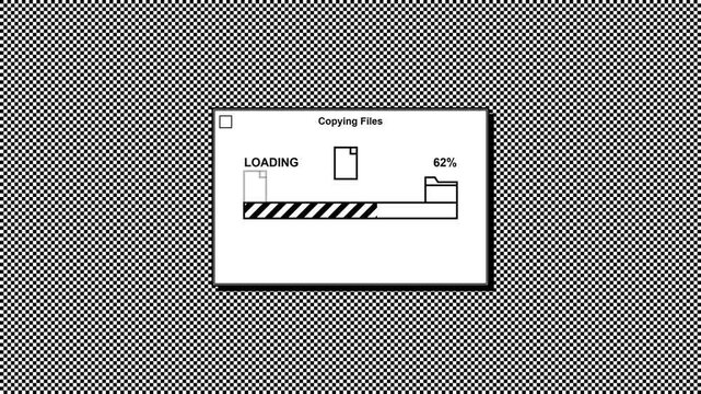 Loading screen displaying a retro 8 bit style progress bar illustrating a file being copied into a folder against a vintage checkered background perfect for technology concepts