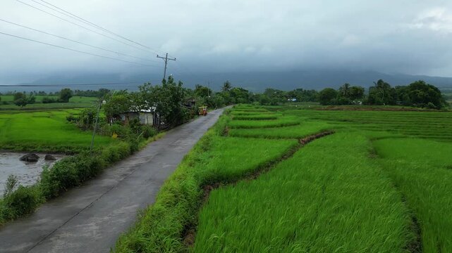 Ascending Scenic drone view of the Philippine countryside around San Jose, Ocampo, featuring rice paddies, agricultural farms and lush tropical vegetation framed by Mount Isarog beneath a rainy-season