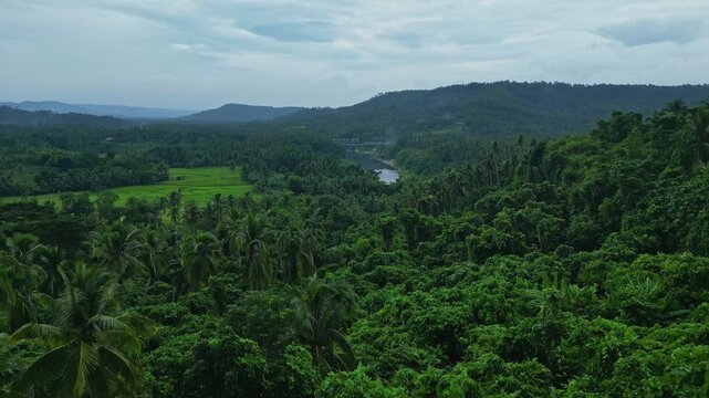 Cinematic dawn aerial view of the rural landscape around Sipocot, Camarines Sur, Philippines, featuring farm fields, the bridge leading toward Yunice Farm and the Libmanan River beneath a cloudy tropi