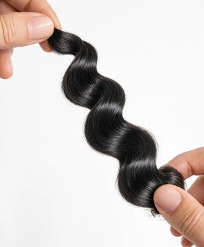 Hands Displaying Glossy Black Wavy Hair Extension Strand