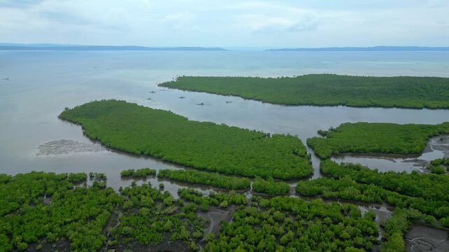 Aerial view of the rural landscape around Lagay in Calauag, Camarines Sur, Philippines, showing agricultural farms, green fields, waterways and coastal areas beneath a dramatic cloudy tropical sky.