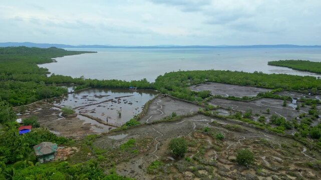 Drone perspective of the peaceful rural landscape around Lagay in Calauag, Camarines Sur, revealing farms, green vegetation, waterways and open water beneath soft overcast tropical light.