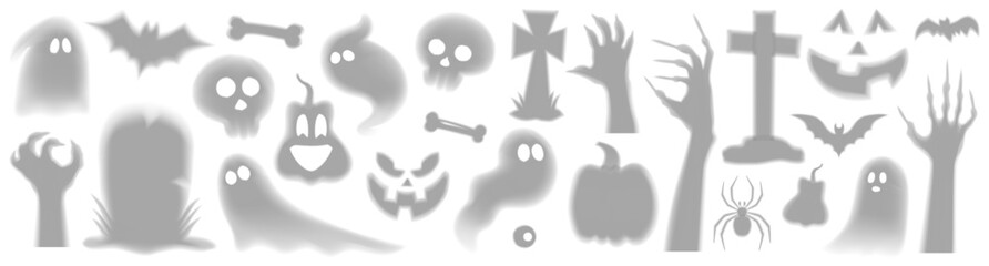 Obraz premium Scary shadows for Halloween decoration. Vector zombie hand, tombstone, cross, pumpkins, ghosts, spider, bats, bones for crepey design, branding, holiday event. Set of Halloween transparent silhouettes