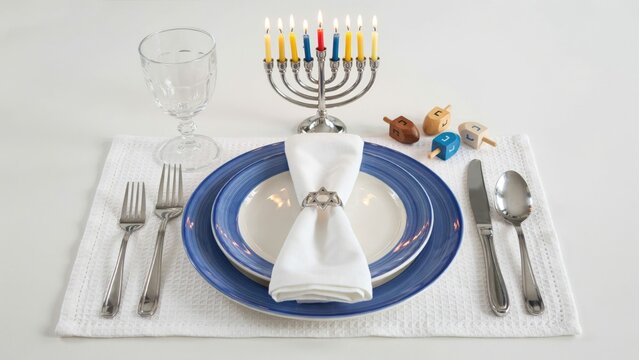 Hanukkah table setting with menorah, blue and white plates, and dreidels