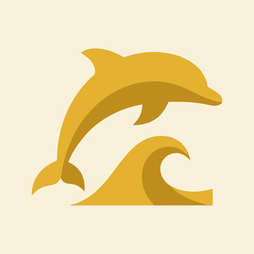 Stylized yellow dolphin jumping over an ocean wave icon
