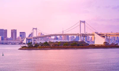 View of the Tokyo Bay and Rainbow Bridge at sunset in Tokyo. © Javen