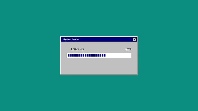 Systemloader window showing a loading progress bar fills up quickly then glitches into a cascade of multiple old computer windows depicting a retro 8 bit system crash
