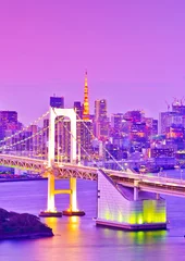 View of the Tokyo Bay and Rainbow Bridge at dusk in Tokyo. © Javen