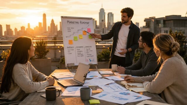 team collaborates outdoors at sunset, discussing a marketing roadmap on a flip chart during a rooftop meeting in an urban setting.