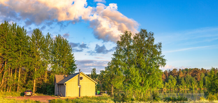 Solitary cabin surrounded by dense forest under a bright sky