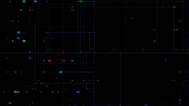 Futuristic dark digital background featuring thin geometric grid lines, glowing neon accents, scattered interface elements, and subtle glitch details on a black background
