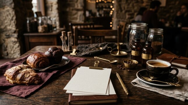 Coffee Break at a Rustic Cafe: A warm and inviting scene of a rustic cafe table set for a coffee break, featuring a croissant, pastry, fresh coffee, and a notebook for jotting down thoughts.