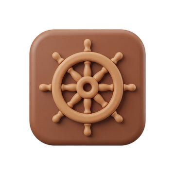3d render of a brown ship steering wheel icon on a rounded square button, nautical navigation concept, animated 4k stick video isolated on transparent background