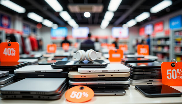 Smartphones displayed on tables with discount signs in electronics store, Cyber Monday  