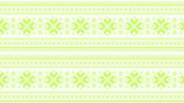 Lime green festive winter pattern featuring traditional nordic snowflake motifs and intricate geometric borders isolated on a clean white background