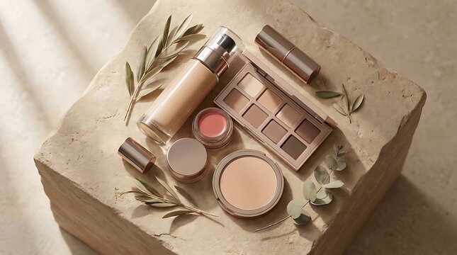 Natural makeup products including foundation bottle eye shadow palette and powder on a rustic wooden table. makeup combo offers