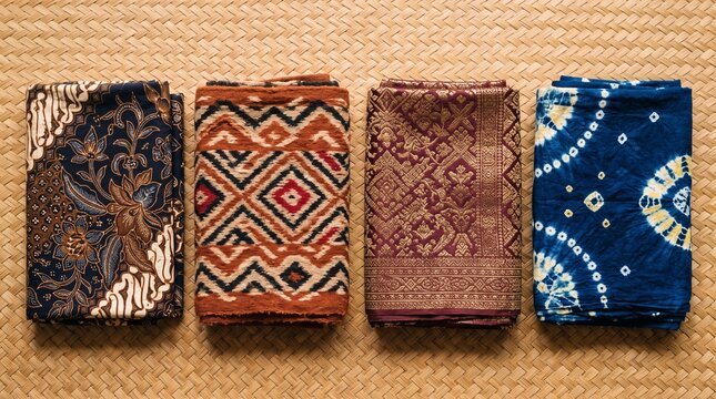 Folded traditional Indonesian textiles flat lay with batik, ikat, songket and tie-dye patterns