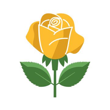 A single yellow rose flower icon with green leaves isolated on transparent background, Vector