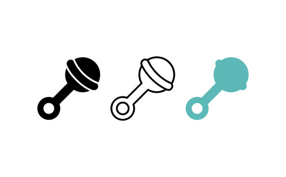 Baby rattle icon set in flat, outline, and colored styles, minimalist newborn toy symbols, vector graphic elements for nursery design