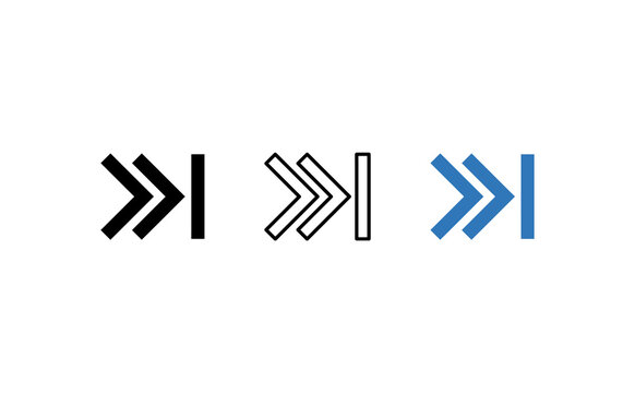 Fast forward to end icon set, media player navigation arrows in black and blue, digital interface control buttons on white background