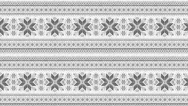 Traditional nordic knitted pattern featuring intricate snowflakes and geometric diamond shapes rendered in classic dark grey and soft white colors