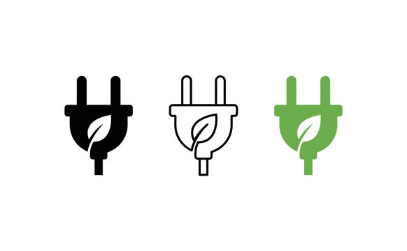 Green energy plug icons with leaf detail, eco friendly power socket symbols, clean electricity concept graphics on white background