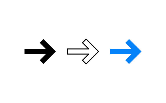 Minimalist arrow icon set pointing right, simple black and blue direction symbols, clean graphic design elements for web navigation