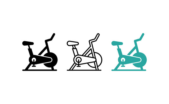 Stationary exercise bike icon set, indoor cycling trainer vector illustration, fitness and gym workout equipment symbols in flat and line art style