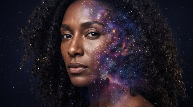 Fantasy portrait of woman with starry galaxy painted on her face
