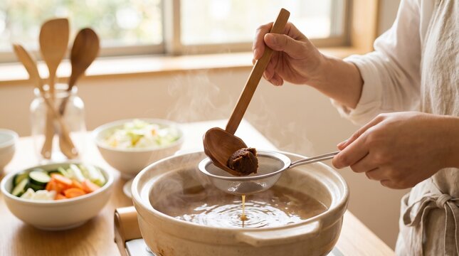 Hands dissolving miso paste through a mesh strainer into a simmering clay pot of soup beside bowls of fresh vegetables, home cooking concept